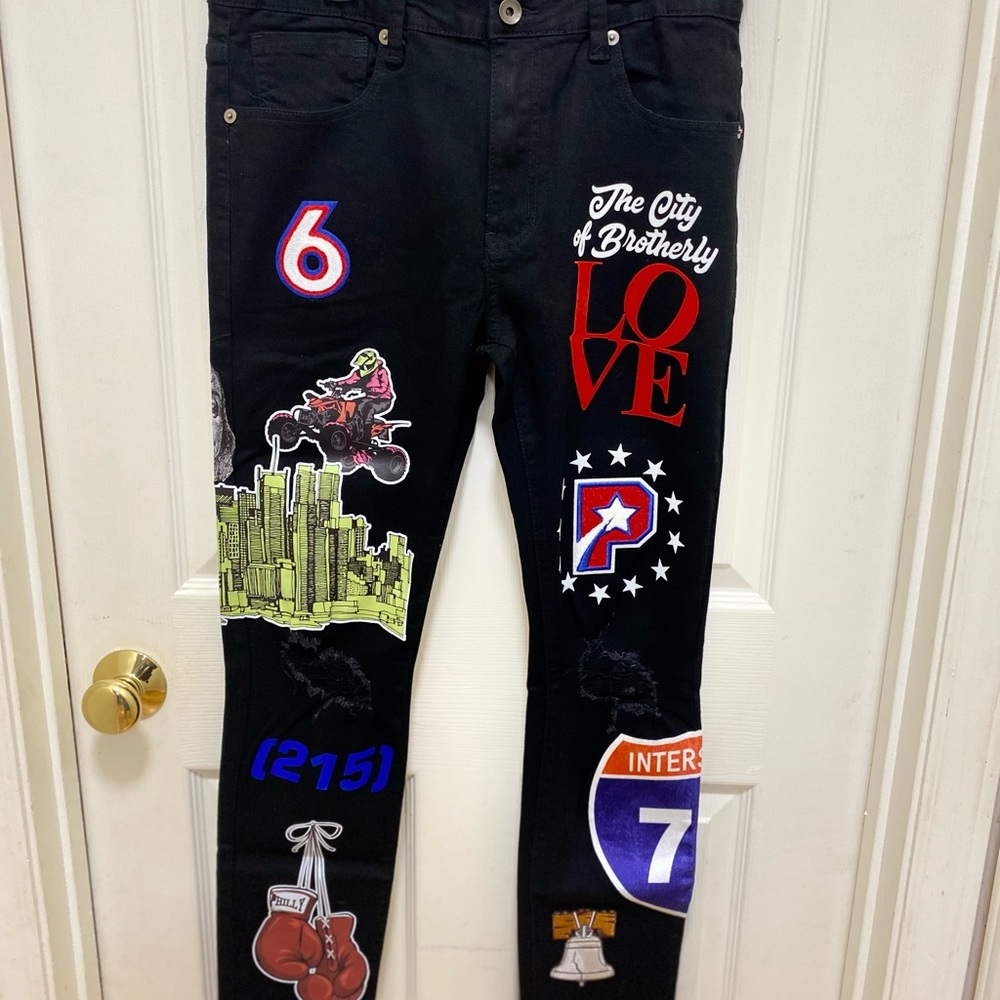 ETERNITY BC/AD MEN"S SLIM FIT PATCH JEANS BLACK SIZE 32X32